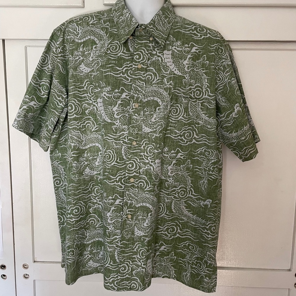 Reyn Spooner Mens XXL Green Eddy Y Dragon Print Hawaiian Aloha Button Down Shirt